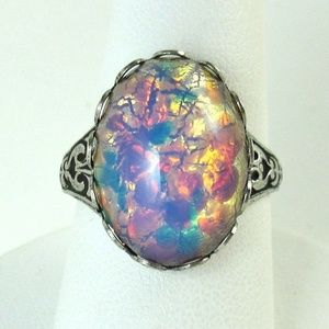 Pink Opal Ring Vintage Glass Stone Silver Adjustable Band Cocktail Ring